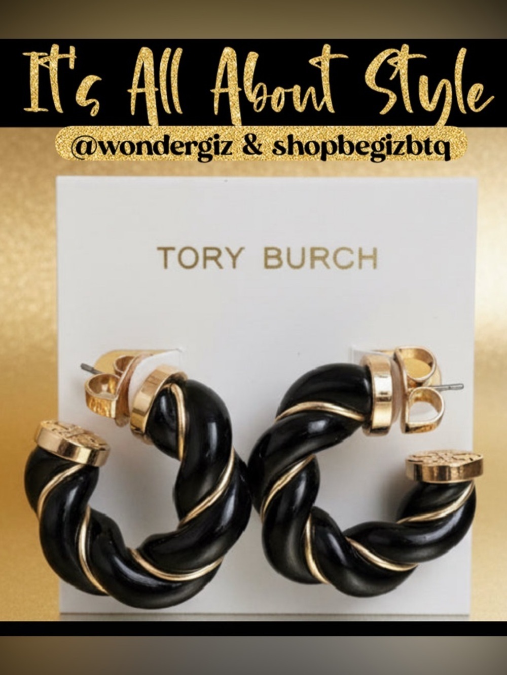 Authentic Tory Burch Black and Gold Textured Rope Hoop Earrings NWT - Picture 9 of 14